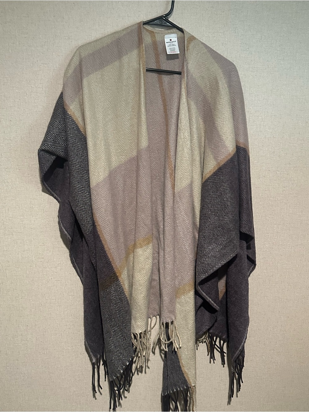 Woolrich Neutral Colorblock Fringe Poncho in Beige, Brown & Cream